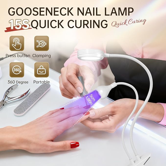 AORAEM LED Nail Lamp Double-Headed UV LED Light Quicky-Dry Duck Neck UV Lamp Dryer Curing Light with Portable Gooseneck and Clamp Flash Cure U V Light for Gel Nails Professional Home DIY Salon White