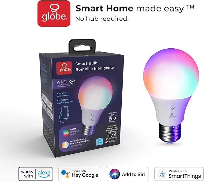 Globe Electric Wi-Fi Smart 10W LED Bulb, Multicolor RGB + Tunable White 2000K–5000K, A19 Shape, E26 Base, App + Voice Control, No Hub Required, 34212