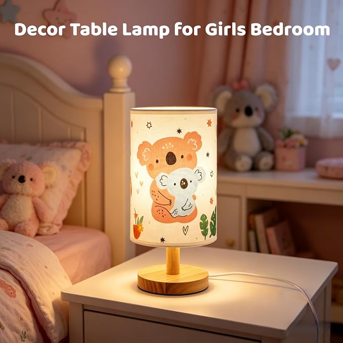 Bear Kids Table Lamp for Bedroom Kids Bedside Lamps 3 Colors Wooden Base Nightstand Night Light with Cartoon Flaxen Fabric Shade Desk Lamp for Girls Boys Room Nursery Decor,Bear Gifts for Boys Girls
