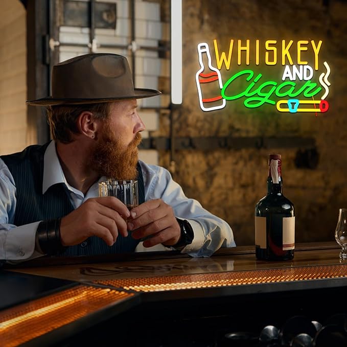 Whiskey Cigar Neon Sign for Wall Decor Dimmable Whiskey Bar Led Sign for Lounge Cigarettes Neon Light for Home Pub Beer Bar Man Cave Wine Cellar Hotel Bedroom Party Decor