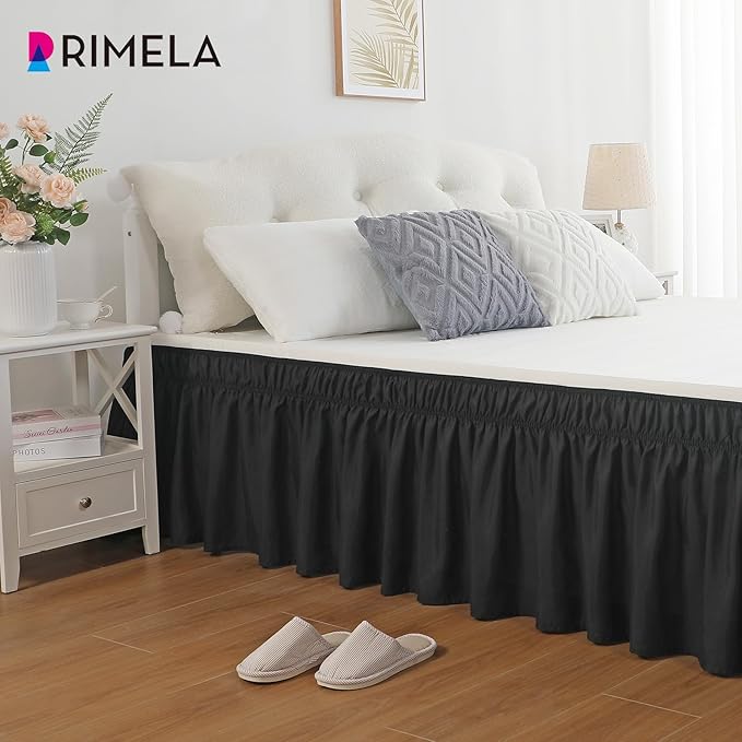 RIMELA Black Bed Skirt Queen Size 15 Inch Drop, Elastic Bed Skirting for Bed Base and Frame, Bedding Dust Ruffle Easy to Install, Lightweight Wrap Around Adjustable Bedskirt