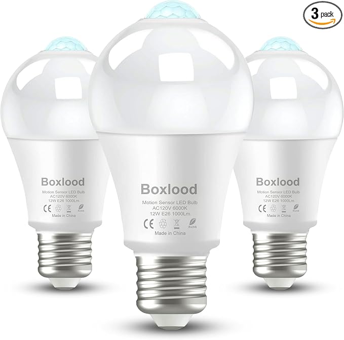 Boxlood Motion Sensor Light Bulbs for Outdoor Indoor,12W(100W Equivalent) A19 E26 6000K Daylight Motion Activated Dusk to Dawn Outdoor Light Bulb for Front Door Porch Garage Basement Hallway, 3 Pack