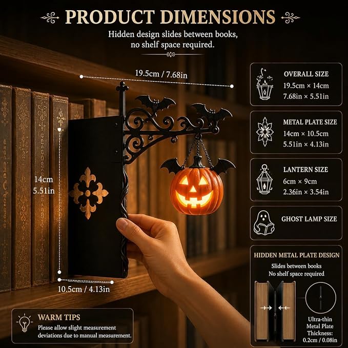 Library Lantern Bookshelf Lamp, Pumpkin Bookshelf Lantern with Warm LED Nightlight, Mini Nook Light for Bookshelf, Decorative Table Desk Luminaire, Halloween Bookshelf Decor for Book Lovers