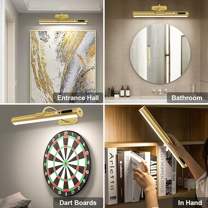 Hapfish Motion Sensor Battery Operated Wall Sconce,Wireless Picture Lights | Rechargeable Magnetic Art Lighting with Remote Control, Battery Picture Light for Wall Poster Dartboard Mirror - Gold