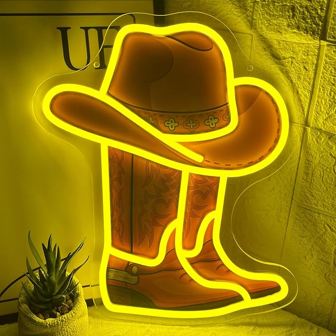 Cowboy Boot Hat Neon Sign 15.2”x13”LED Western Yellow Cowboy Boot Neon Light for Wall Decor Dimmable Hat Light Up Sign for Bedroom Game Room Man Cave Presents for Birthday Party Rodeo Enthusiast
