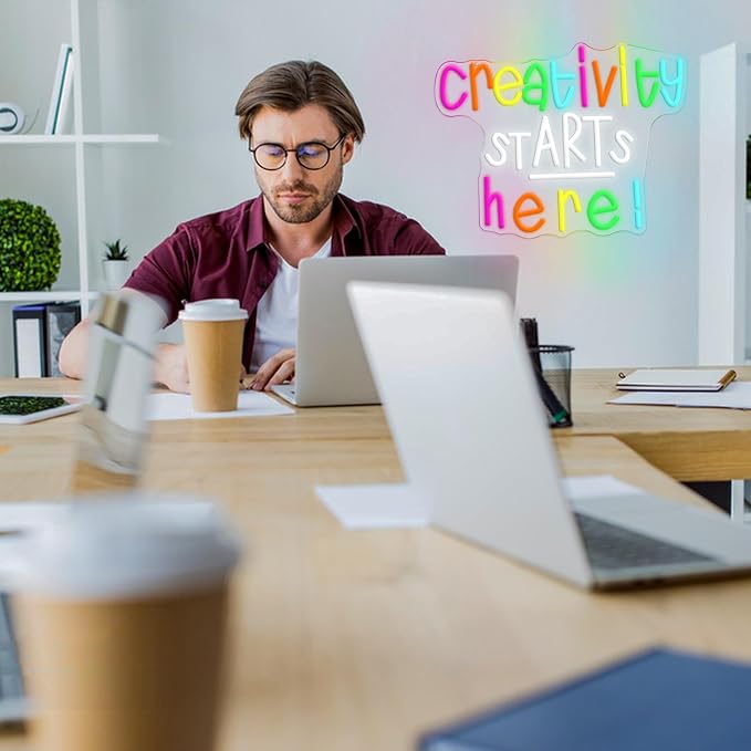 Creativity Starts Here Neon Sign Positive Quote Led Sign Colorful Letter Neon Light for Art Studio Business Office Party Classroom Decor(16.54 * 12.6In)