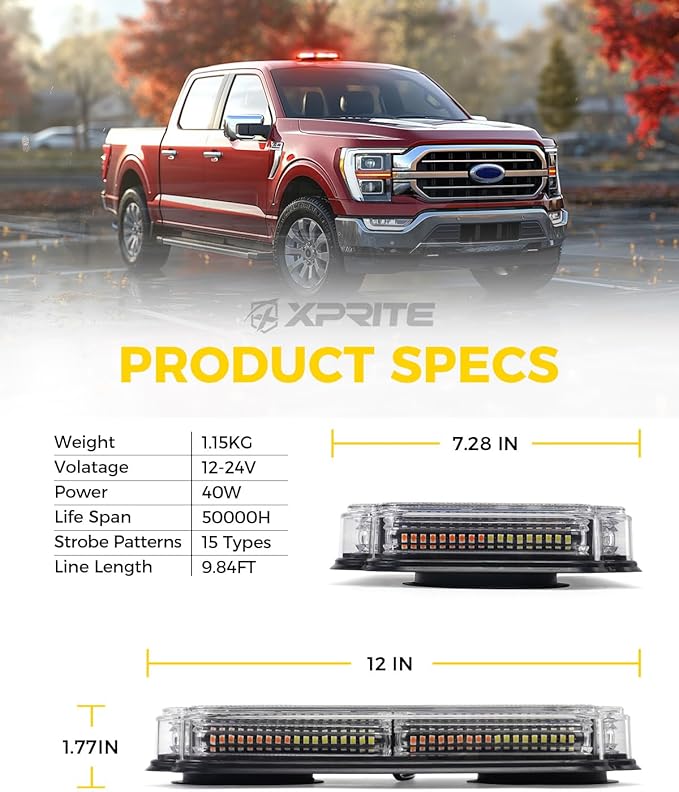 Xprite 108 LED Roof Top Strobe Light, US Flag Pattern Firefighter Flashing Light, Emergency Safety Warning LED Mini Strobe Lightbar w/Magnetic for Fire Truck EMS Ambulances Police Vehicle, Red White