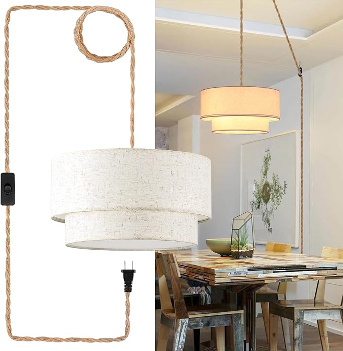 Plug in Pendant Light, 2-Tier Drum Linen Pendant Lights with 15.7FT Handmade Woven Light Cord,17.7" Plug in Chandelier for Dining Room Kitchen Island and Bedroom
