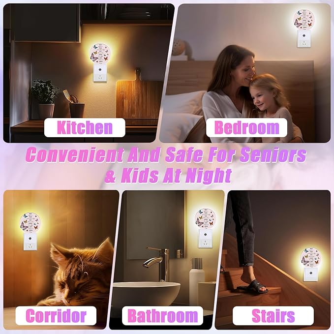 Butterfly Night Light Inspirational Quote Night Lights LED Lamp Round Plug into Wall Nightlight with Dusk to Dawn Sensor Home Hallway Stairway Kitchen Decor