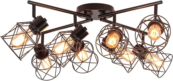 BUXVRCS 8 Lights Black Adjustable Multi-Directional Kitchen Light Fixtures | Track Lighting Fixtures, Metal Cage, Modern Minimalist Style, Spotlight Fixtures for Dining Room, E26 Socket