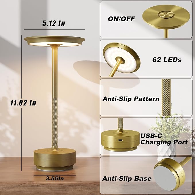TBBGA 2 Pack Rechargeable Cordless Table Lamp, 5000mAh Battery Table Light | 3 Color Stepless Dimming Portable LED Table Light with Memory Function, for Outdoor/Dinner/Patio/Restaurant.(Gold)