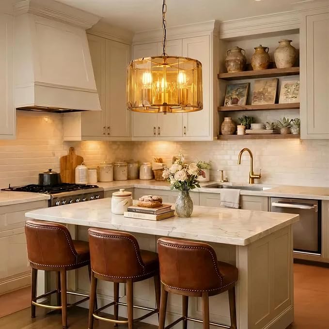 Gold Chandeliers for Dining Room,3-Light Pendant Lights Kitchen Island Round, Height Adjustable Modern Dining Room Light Fixture over Table for Kitchen Entryway Foyer Living Room, UL Listed, 13 Inch