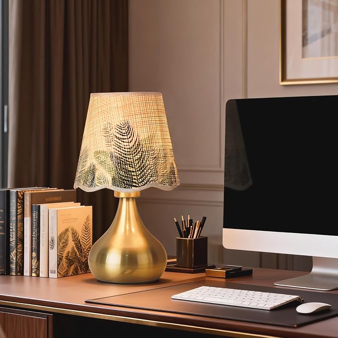 Ziqqeelam Gold Small Bedside Cute Table Lamp for Bedroom, Table Lamps for Nightstand, Scalloped Rattan Shade Table Lamps for Small Spaces for Bedroom, Home Office, Living Room