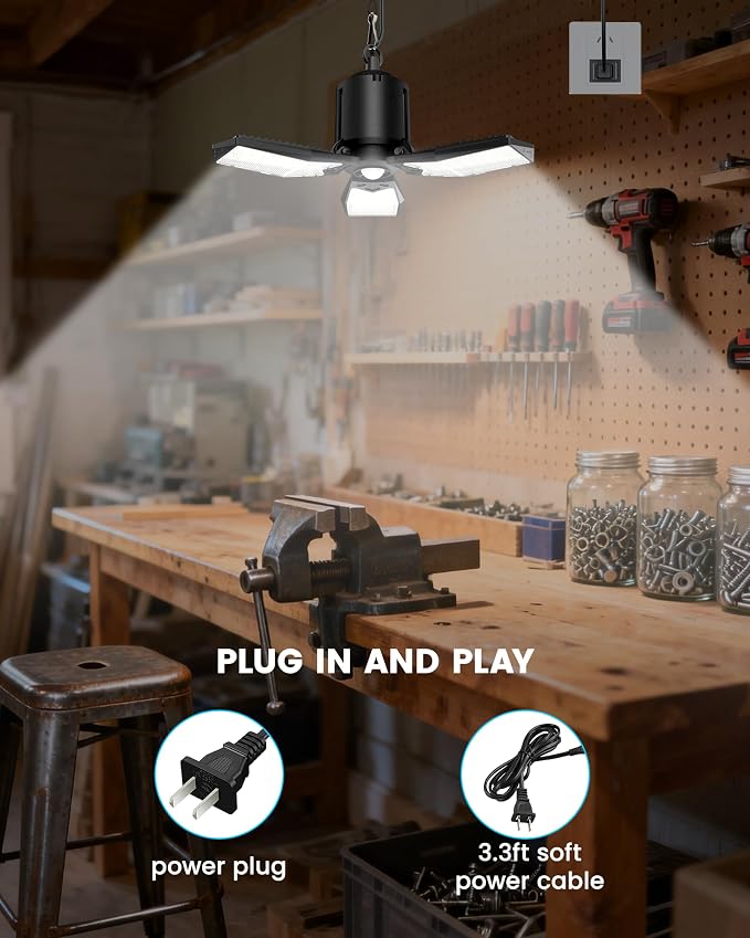 Motion Sensor Garage Light Plug-in, 80W, 8000LM, E26 Base, 1 Pack | Remote & Wall Switch Control, 3 Lighting Modes, Deformable LED Panels, 6500K Daylight, 360° Detection for Basement Workshop