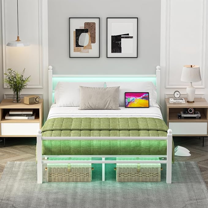 Jenmit Full Size Bed Frame with Charging Station & LED Lights,Full Metal Platform Bed Frame with Headboard and Footboard, Storage Space Under Bed,No Box Spring Needed,Noise Free, Easy Assembly, White