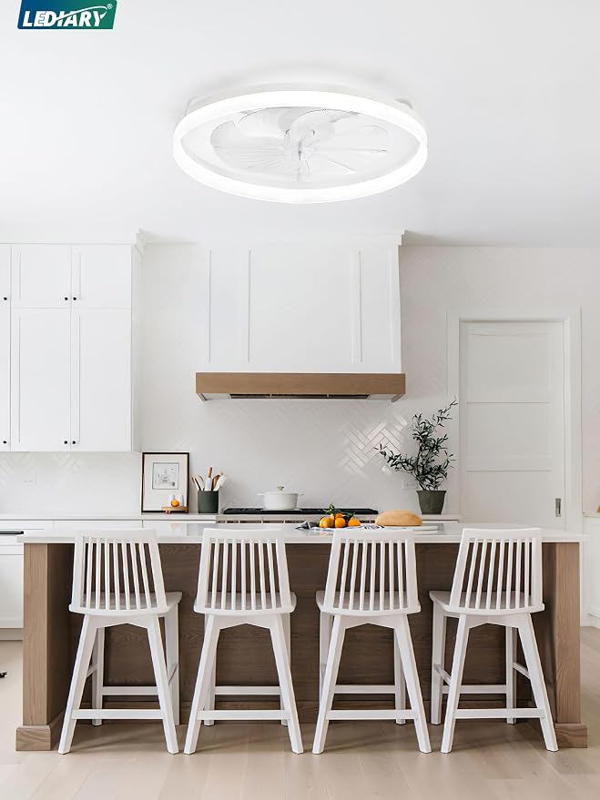 LEDIARY 23" Low Profile Ceiling Fans with Lights, APP & Remote, White | Flush Mount, Dimmable LED, Quiet DC Motor, Reversible, 6 Speeds, Fandelier, for Bedroom