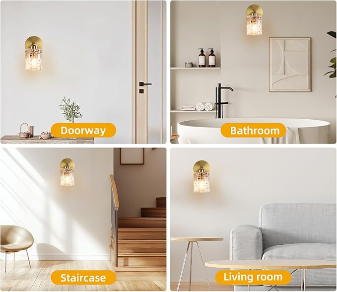1-Light Modern Brushed Gold Crystal Wall Sconce, Hardwired Indoor Bathroom Vanity Light Fixture, Crystal Over Mirror Wall Lamp for Living Room, Bedroom, Hallway