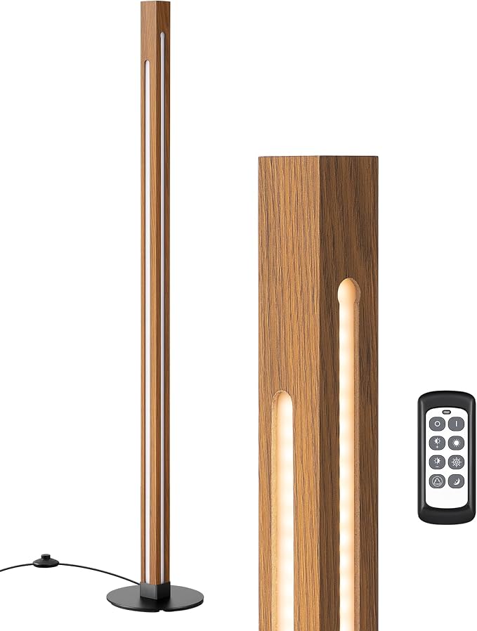 EDISHINE Wooden Floor Lamp with Remote, Dual Lighting, 7CCT & Dimmable | Foot Switch, Night Light Mode, Memory Function, Standing Lamp for Bedroom, Office, Dark Walnut