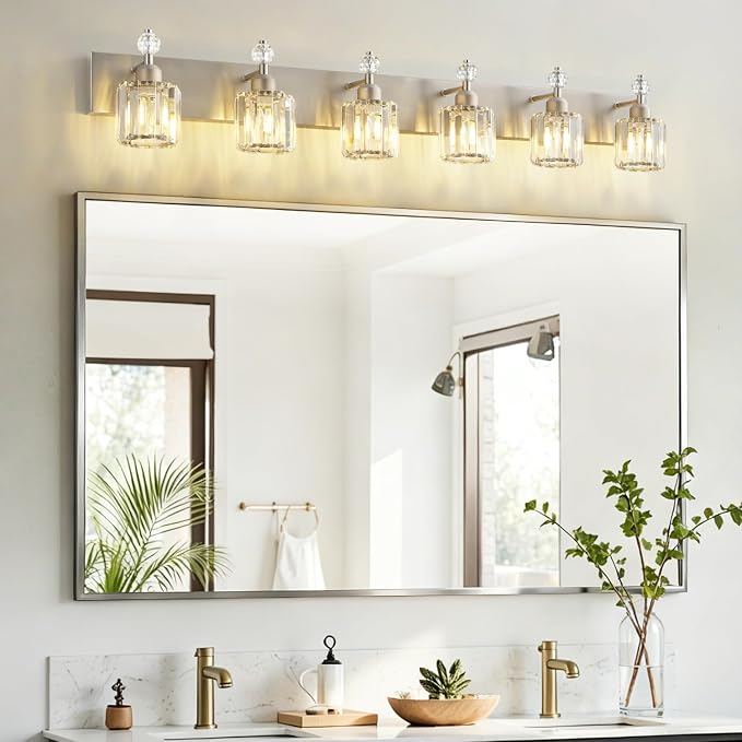 PRESDE Crystal 6-Light Bathroom Vanity Light Fixtures Brushed Nickel Modern Wall Lighting Over Mirror