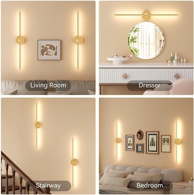 Battery Operated Wall Sconces Set of 2, 8000mAh Wireless Rechargeable 3000-6000K Dimmable 350° Rotate Wall Light with Remote for Living Room, Bedroom 31.6in Gold