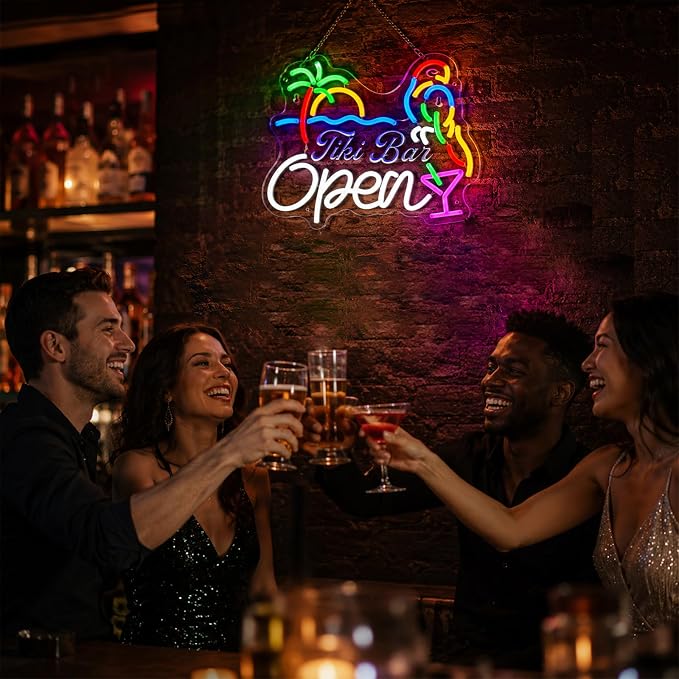 Bar Open Neon Sign for Wall Decor, USB Powered Dimmable LED Open Sign for Business, Tropical Open Neon Signs with Parrot & Palm Tree for Man Cave/Pub//Party/Office/Home Wall Decor (White)