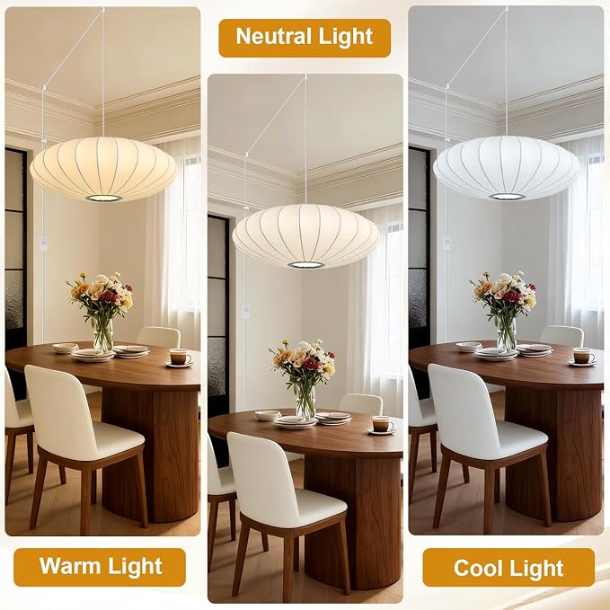 23.6in Plug in Pendant Light Lantern, Large White Silk 3-Light | Plug in Hanging Lamp Wabi Sabi Japanese Bubble Saucer Pendant Chandelier for Living Dinning Room Kitchen Island Bedroom 1PK