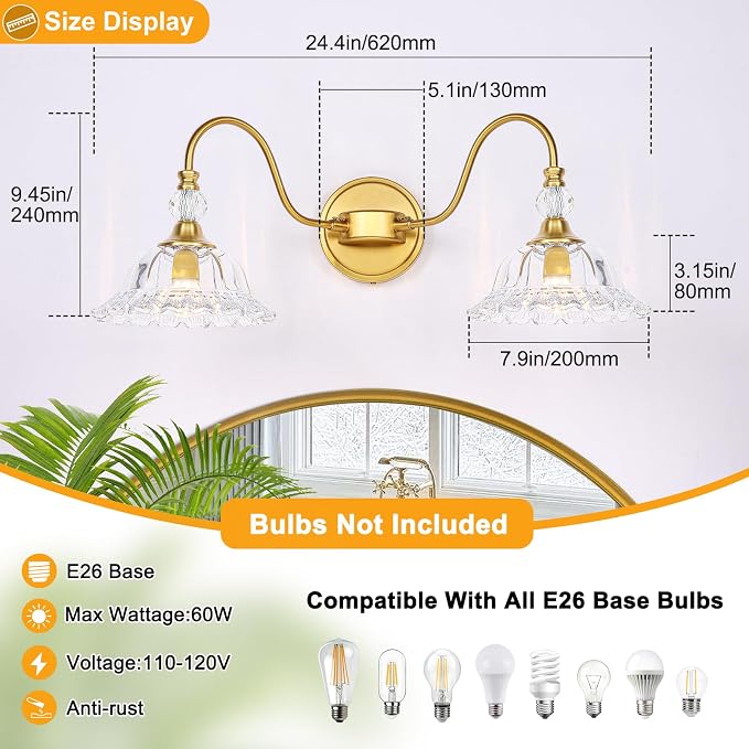 Gold Bathroom Vanity Light Fixtures 2 Lights Vanity Lights for Bathroom with Floral Crystal Glass Shade Modern Wall Lighting Fixtures Over Mirror(Exclude E26 Bulb)