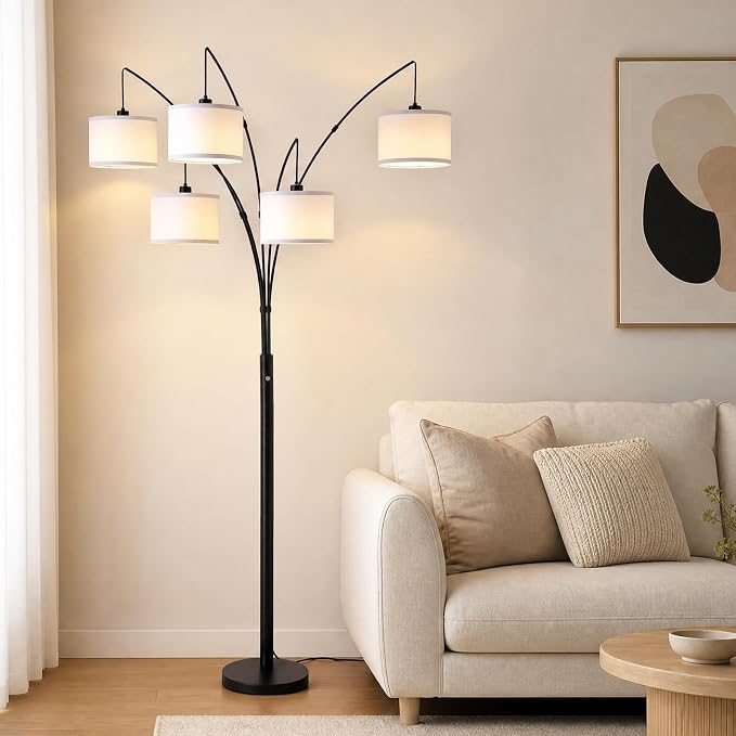 Floor Lamps for Living Room, 4000LM Super Bright Arc Floor Lamp with Remote Control, 5 Light Tall Floor Lamps with Stepless Dimmable, 80" Mid Century Tree Floor Lamp for Bedroom, Office
