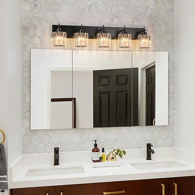 Black Crystal Bathroom Vanity Lights, Modern 5-Lights Bathroom Lighting Fixtures Over Mirror, Crystal Wall Lighting with Round Shade