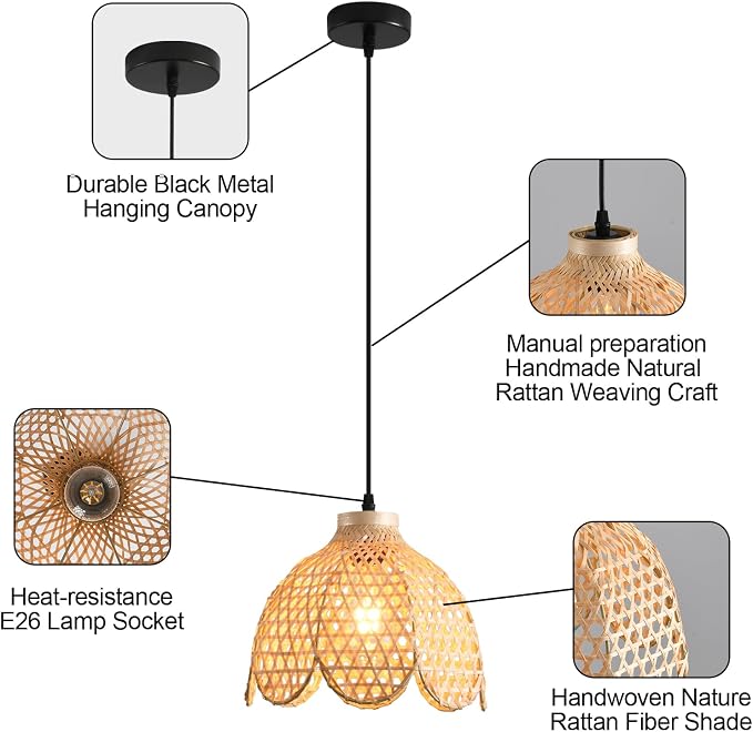 3-Pack Bamboo Pendant Light Mini Rattan Chandelier | 10.6" Boho Bamboo Rattan Pendant Lights,Hand Woven Rattan Chandelier for Kitchen Island Dining Bedroom Living Room