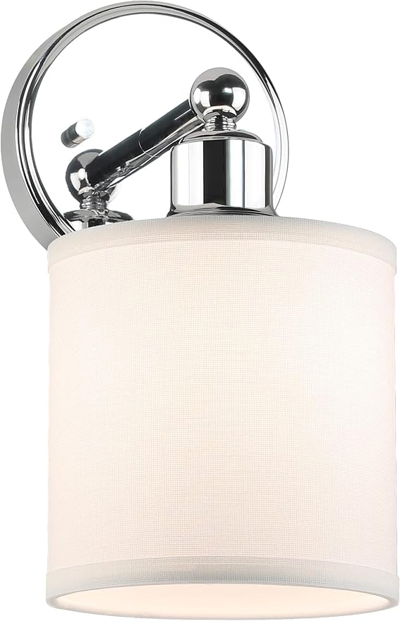XiNBEi Lighting Chrome Bathroom Wall Sconce 1 Light with Drum Fabric Shade | Modern Single Vanity Light Fixture Next to Mirror, Wall Light For Bath Bedroom Living Room Kitchen Hallway Foyer
