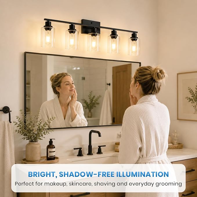Ascher 5 Light Bathroom Light Fixture, Matte Black Bathroom Lighting Fixtures Over Mirror, Vanity Light with Clear Glass Shade, Wall Sconce for Living Room Bedroom Cabinet, E26 Base
