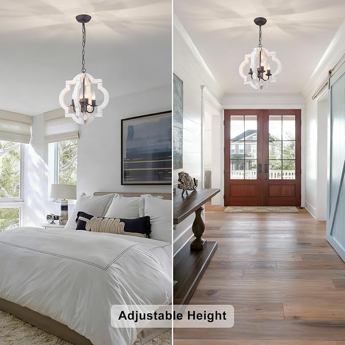 16" Farmhouse Chandelier Distressed White Wood Dining Room Light Fixture | Oak, Rustic Country Style, 4-Light Lantern Hanging Pendant Light For Foyer Entryway Kitchen Island Bedroom Stair Over Table