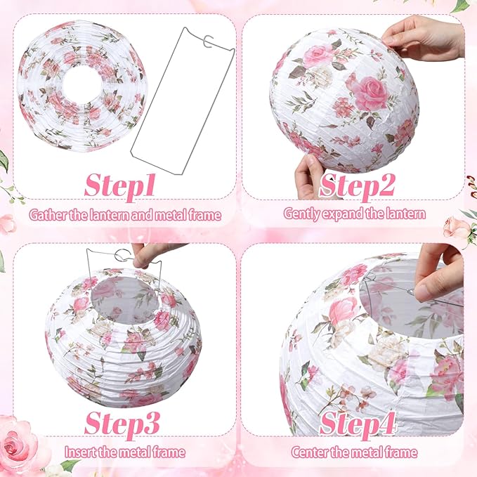 Honoson 12 Pcs Floral Paper Lanterns Party Decoration Wildflower Sakura Flower Spring Tea Party Decoration 10 Inch Hanging Round Paper Lantern for Wedding Bridal Shower Favor(Pink,Wildflower)