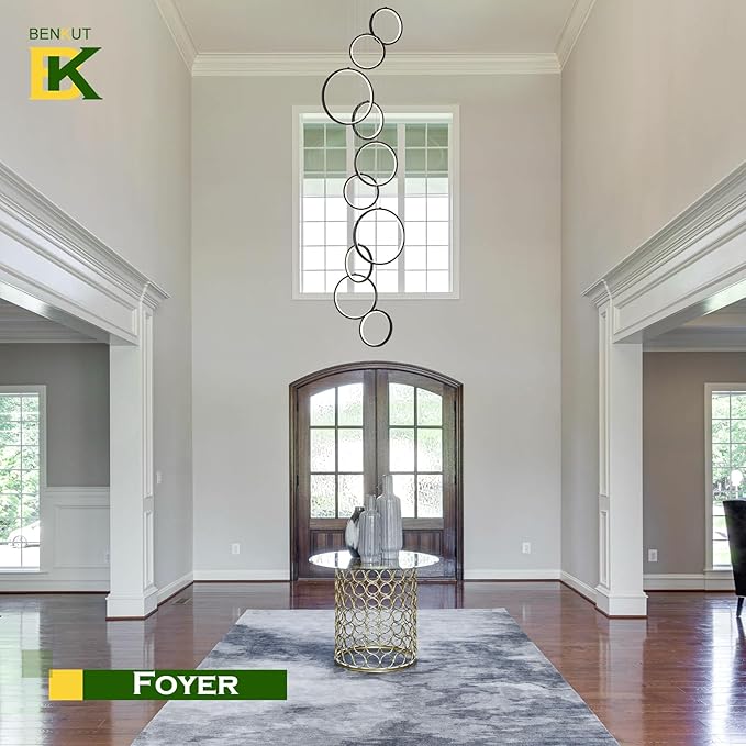High Ceiling Chandelier 10 Ring Black Foyer Chandeliers Entryway Long Modern LED High Ceiling Light Staircase with Remote Control for Living Dining Room (98.5in 3000K-6500K)