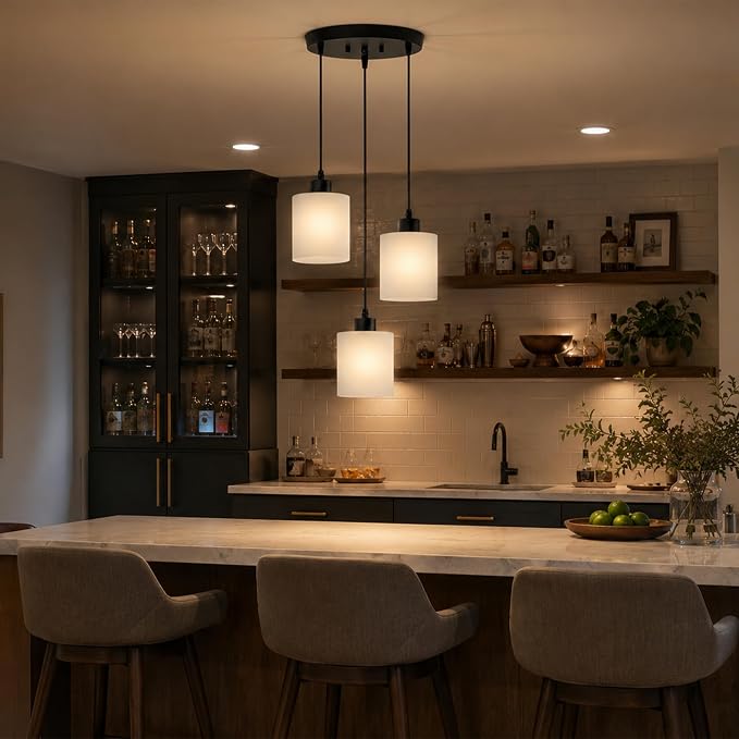 3 Light Pendant Lighting, Farmhouse Hanging Light Fixture for Kitchen Island & Dining Room, Industrial Vintage Ceiling Lamp with E26 Base, Adjustable Height, with White Glass 4.7" Shades