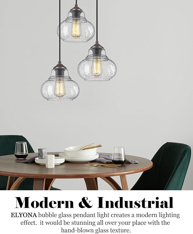 ELYONA 8 Inch Pendant Light Fixtures Seeded Bubble Glass Hanging Light Industrial Pendant Lighting for Kitchen Island Farmhouse Bar Bathroom Dining Room Oil Rubbed Bronze Finish