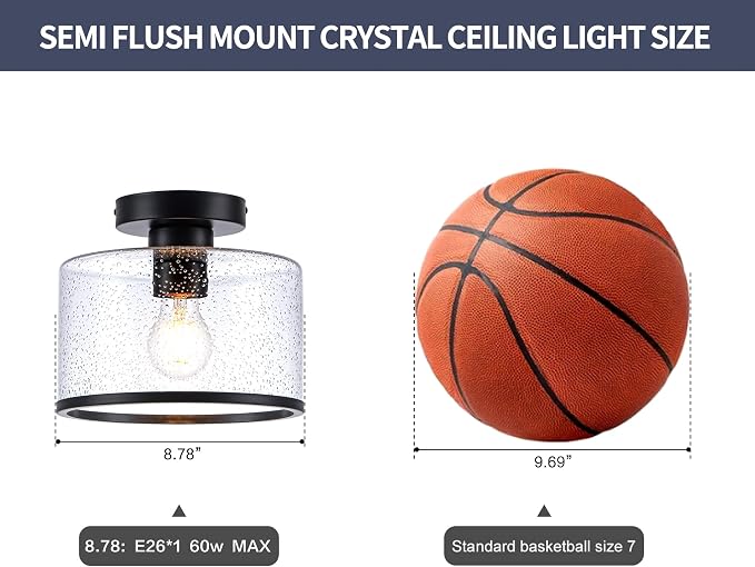 Zlepmlla Modern Flush Mount Ceiling Light, Seeded Glass Ceiling Light Fixture, Black Light Fixture for Hallway, Bedroom, Entryway, Kitchen,Living Room
