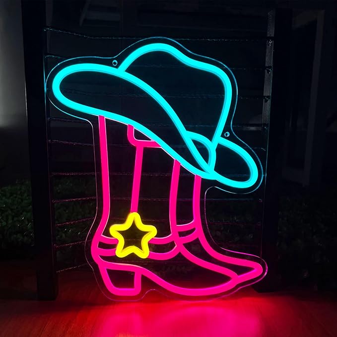 Cowboy Boot Hat Neon Sign, LED Western Pink Cowgirl Boots Neon Lights for Wall Decor, Cowboy Hats Neon Light Up Signs USB Powered for Bedroom Art, Game Room Party, Birthday Party, Christmas Gift
