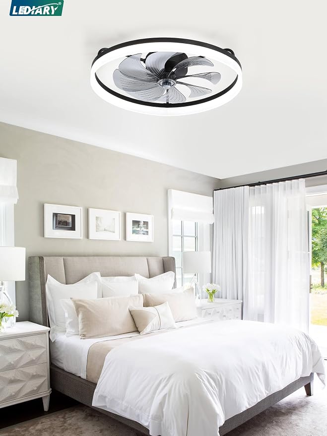 LEDIARY 23" Low Profile Ceiling Fans with Lights, APP & Remote, Black | Flush Mount, Dimmable LED, Quiet DC Motor, Reversible, 6 Speeds, Fandelier, for Bedroom