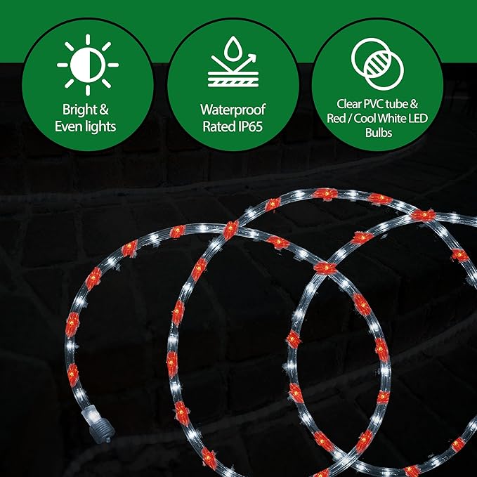 Tupkee LED Rope Light Red & Cool White - for Indoor and Outdoor use, 24 Feet (7.3 m) - 10MM Diameter - 144 LED Long Life Bulbs Rope Tube Lights