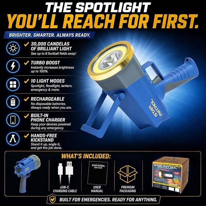 30,000 Candela Rechargeable Spotlight with Turbo Boost | Rechargeable spotlight with 10 light modes, Turbo Boost, kickstand and phone charger for emergencies and camping