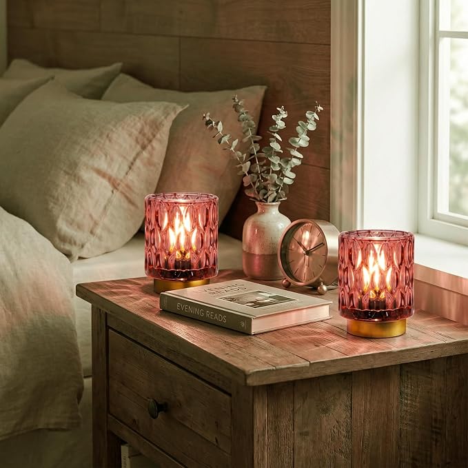 Battery Operated Table Lamp Timer, Small Cordless Lamps Decorative, 2 Pink | Mini Crystal Lamp for Area No Plug, LED Battery Powered Lamps Wireless, Glass Accent Light for Bathroom Fireplace Shelf Decor