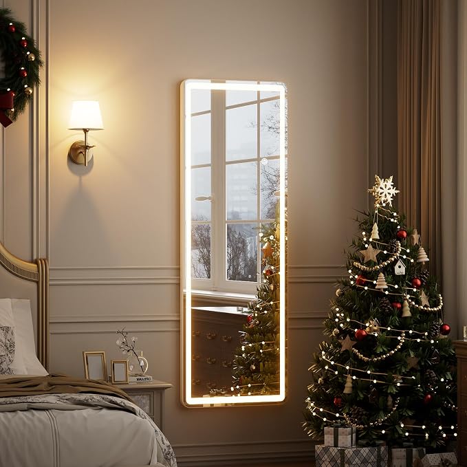 Easly 21"x56" Rectangular Full Length Mirror with LED Lights, Standing or Wall-Mounted Full Body Mirror with Stand, Dimmable 3-Color Lighted Floor Mirror for Bedroom, Dressing Room, Cloakroom