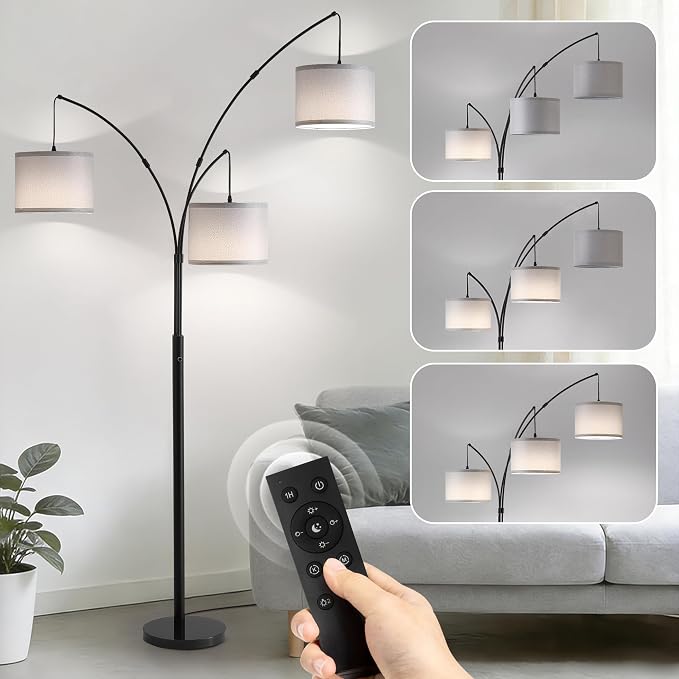 Floor lamp with Remote, 3 Light Arc Floor Lamps for Living Room, 2400LM Tall Standing Floor Lamps with Gray Shades, 80" Large Floor Lamp for Bedroom, Office