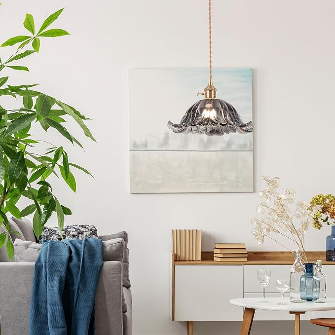 Plug in Pendant Light Fixtures,Hanging Light Fixture Corded On/Off Switch,11 inch E26 Gray Blue Glass Lampshade Pendant Lighting for Kitchen Island, Bedroom, Dining Room