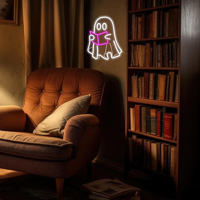 Ghost Reading Book Neon Sign | LED Neon Light, Hanging Design, For Bedroom Home Library Reading Room, Kids Room Store Decor