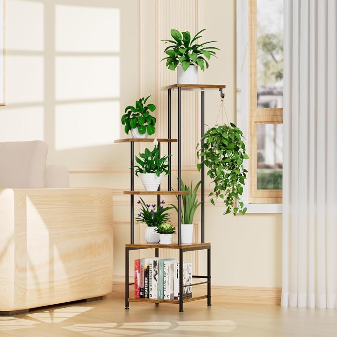 Plant Stand Indoor with Grow Light - 5-Tier Metal Plant Shelf with Hanging Basket Hook, Corner Tall Flower Holder for Multiple Plants, Living Room Balcony Garden Patio, Rustic Brown