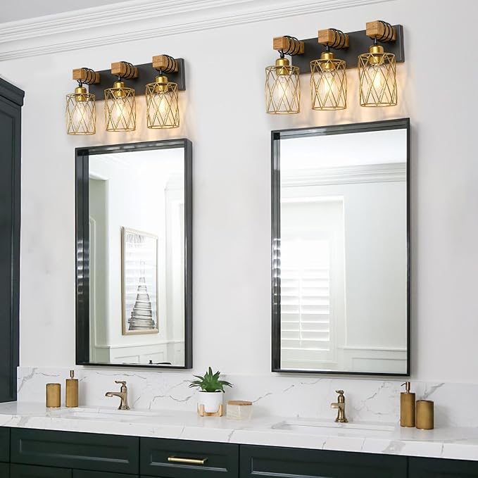 IZORRO Farmhouse Bathroom Vanity Light, 3-Light Wood Bathroom Light Fixtures Over Mirror, Black and Gold Industrial Vanity Lights with Metal Shade, Rustic Restroom Lighting Fixtures