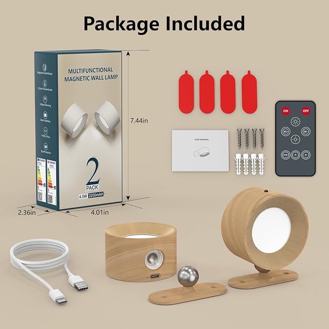 Kitloo Rechargeable Wall Sconces 2200mAH Battery Operated, 200LM LED Wall Light 3 Color Temps & Remote and Touch Wall Lamps, 360°Rotate Magnetic Ball Dimmable Cordless Lights for Reading 2 Pack